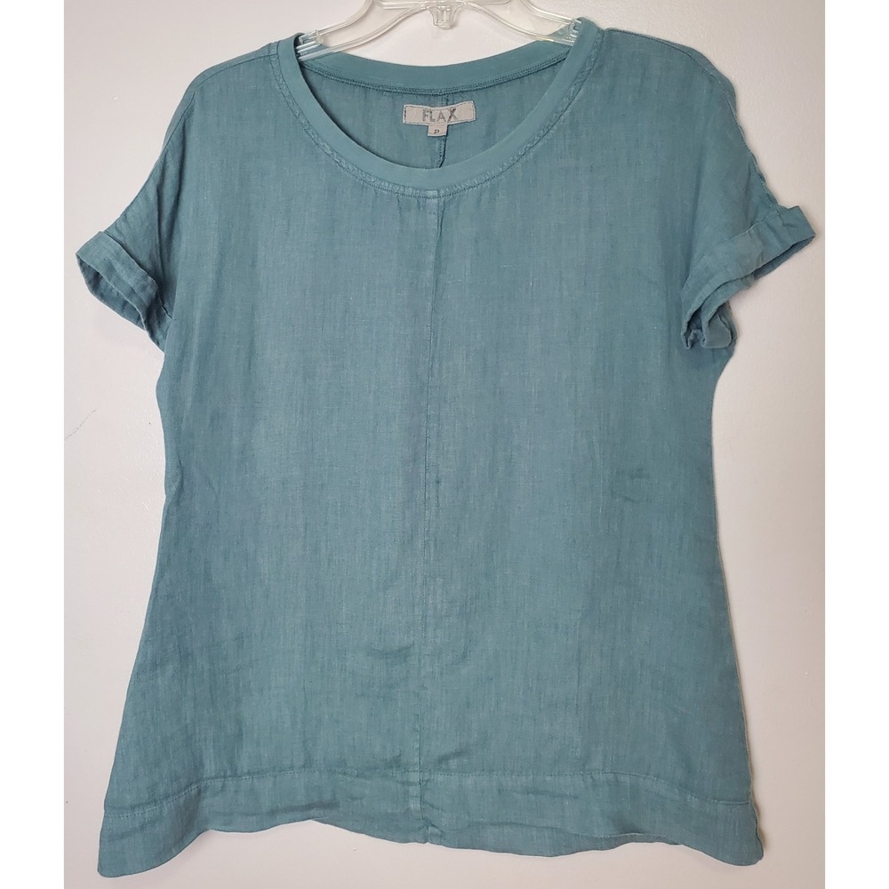 Flax Women's Size 4 6 Cuffed Short Sleeve Pullover Linen Shirt Lagenlook Natural